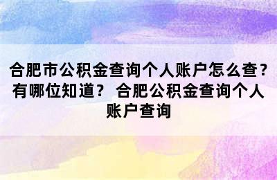 合肥市公积金查询个人账户怎么查？有哪位知道？ 合肥公积金查询个人账户查询